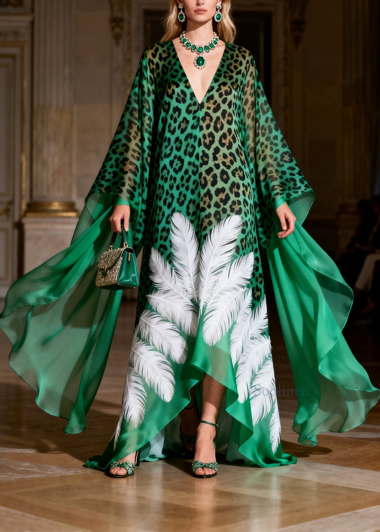 Boutique Green V Neck Leopard Feather Print Chiffon Maxi Dresses Summer