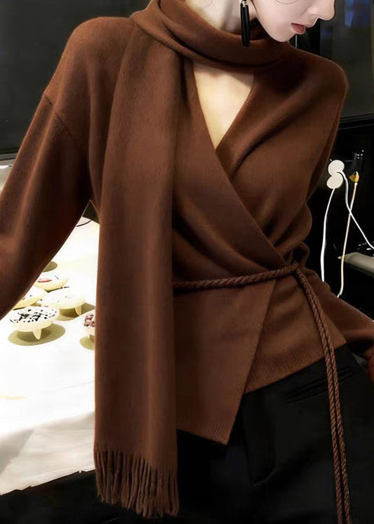 Suéteres de punto lisos con cintura de lazo gris boutique para invierno