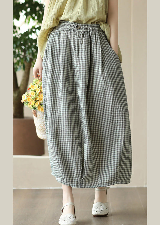 Boutique Grau Grün Plaid Elastische Taille Leinen Maxi Rock Sommer