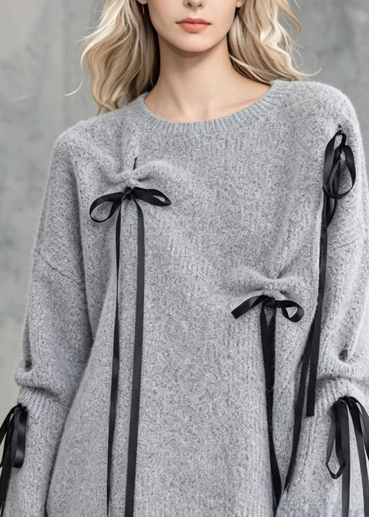 Boutique Grey O Neck Bow Lace Up Knit Sweaters Fall