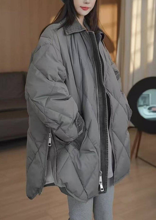 Chaquetas acolchadas de invierno con cremallera y cuello Peter Pan en gris boutique, bolsillos y cuadros