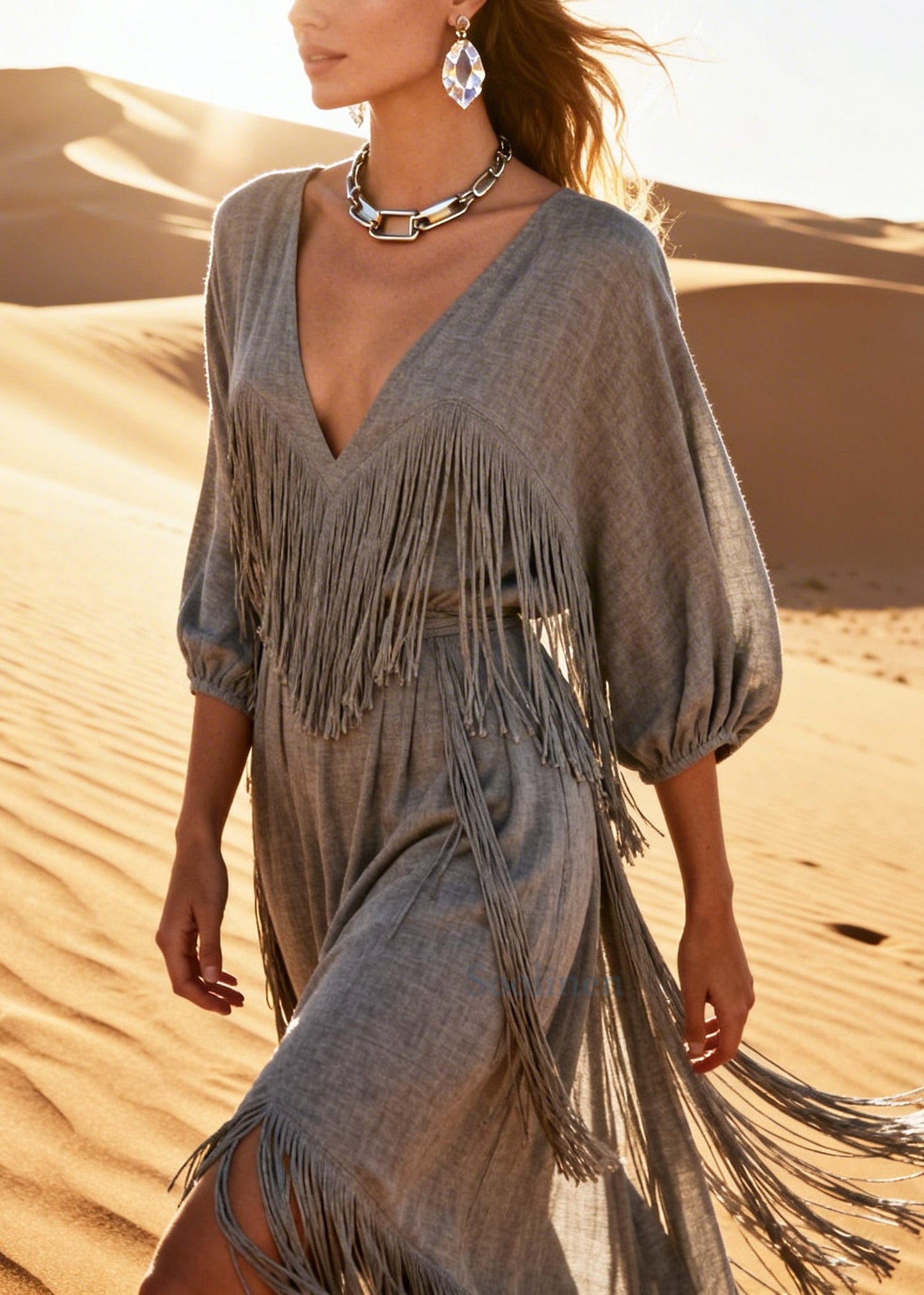 Boutique Grey Tasseled Cotton Maxi Dresses Half Sleeve