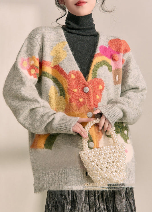 Boutique Graue Cardigans aus bedruckter Baumwolle mit V-Ausschnitt, Frühling