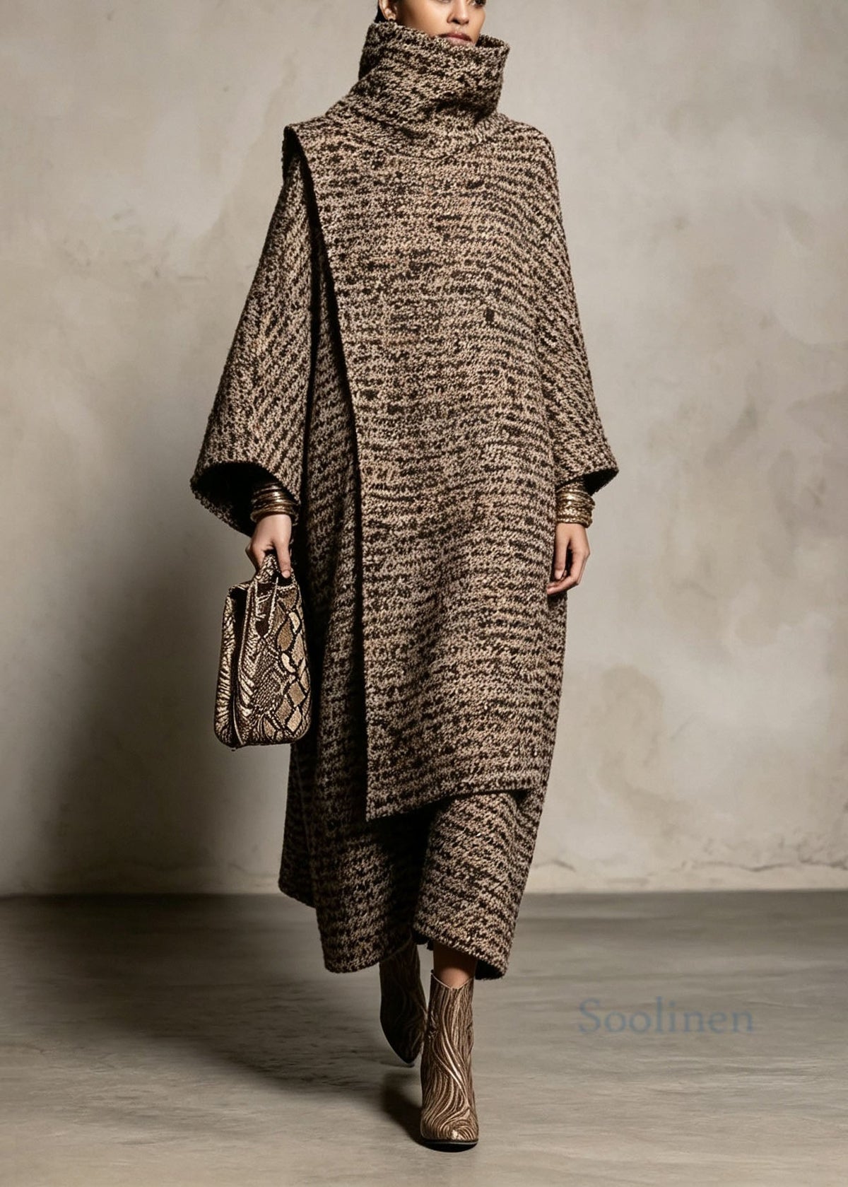 Boutique Hign Neck Cape And Coat Woolen Two Pieces Set Fall