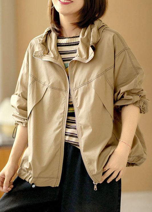 Boutique Khaki Loose Pockets Fall Hoodie Coat Long sleeve - SooLinen