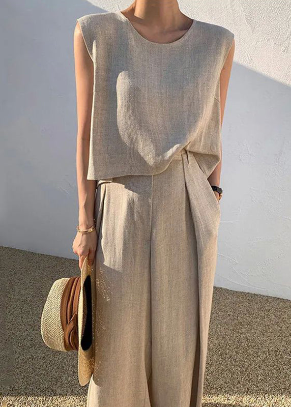 Boutique Khaki O-Neck T Shirt And Wide Leg Pants Two Pieces Set Sleeveless