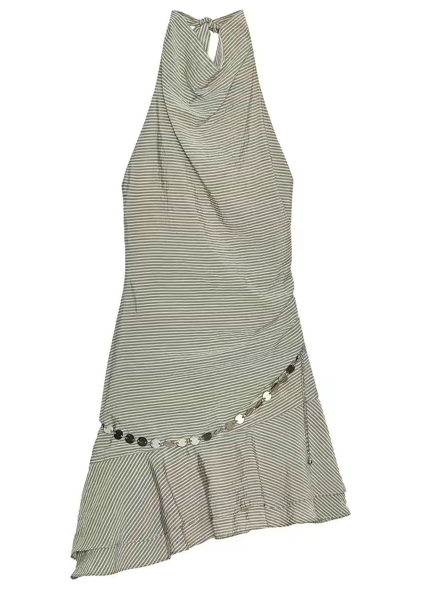 Boutique Khaki Striped Halter Chain Linked Cotton Mini Dress Summer