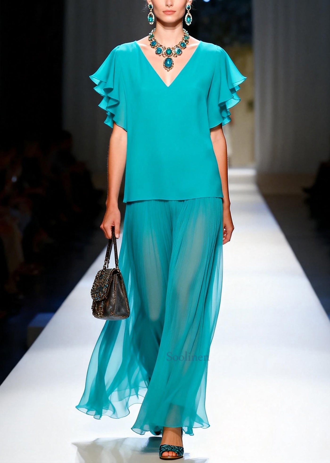 Boutique Lake Green Oversized Chiffon Two Pieces Set Butterfly Sleeve