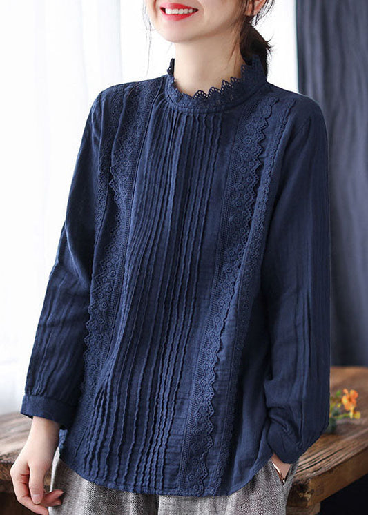 Boutique Navy Spitzen Patchwork Baumwolle Top Frühling