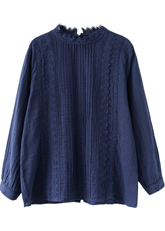 Boutique Navy Spitzen Patchwork Baumwolle Top Frühling