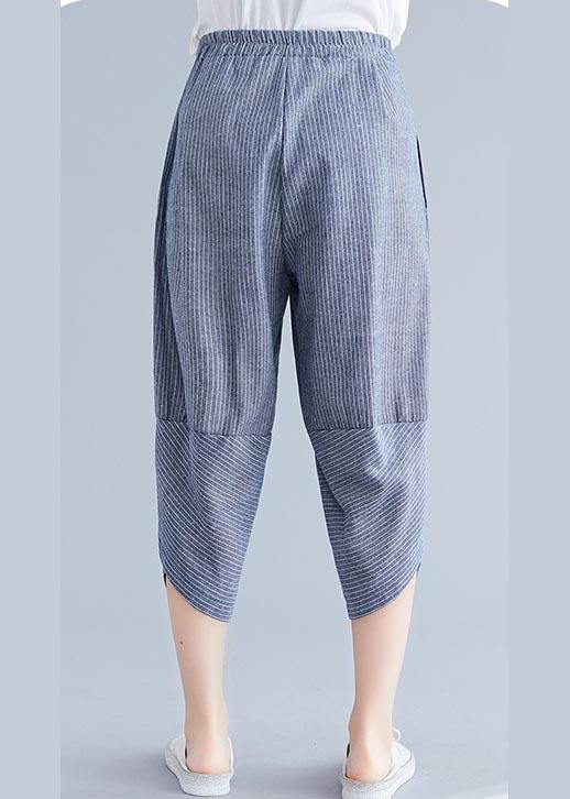 Boutique Navy Striped Patchwork Summer Cotton Linen Pants - SooLinen