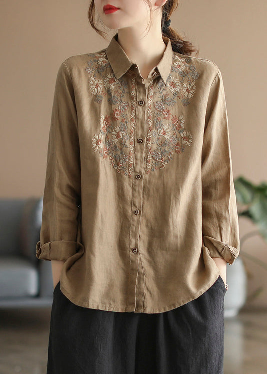 Boutique Orange Peter Pan Kragen Besticktes Leinen Top Langarm