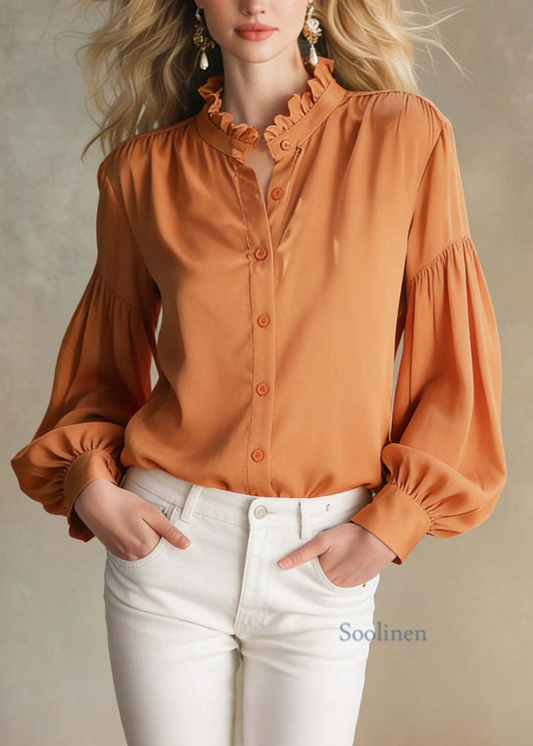 Boutique Orange Ruffled Patchwork Silk Shirt Tops Spring