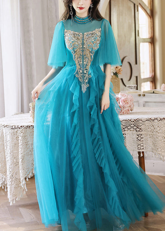 Boutique Peacock Blue Sequins HighWaist Long Dresses Half Sleeve