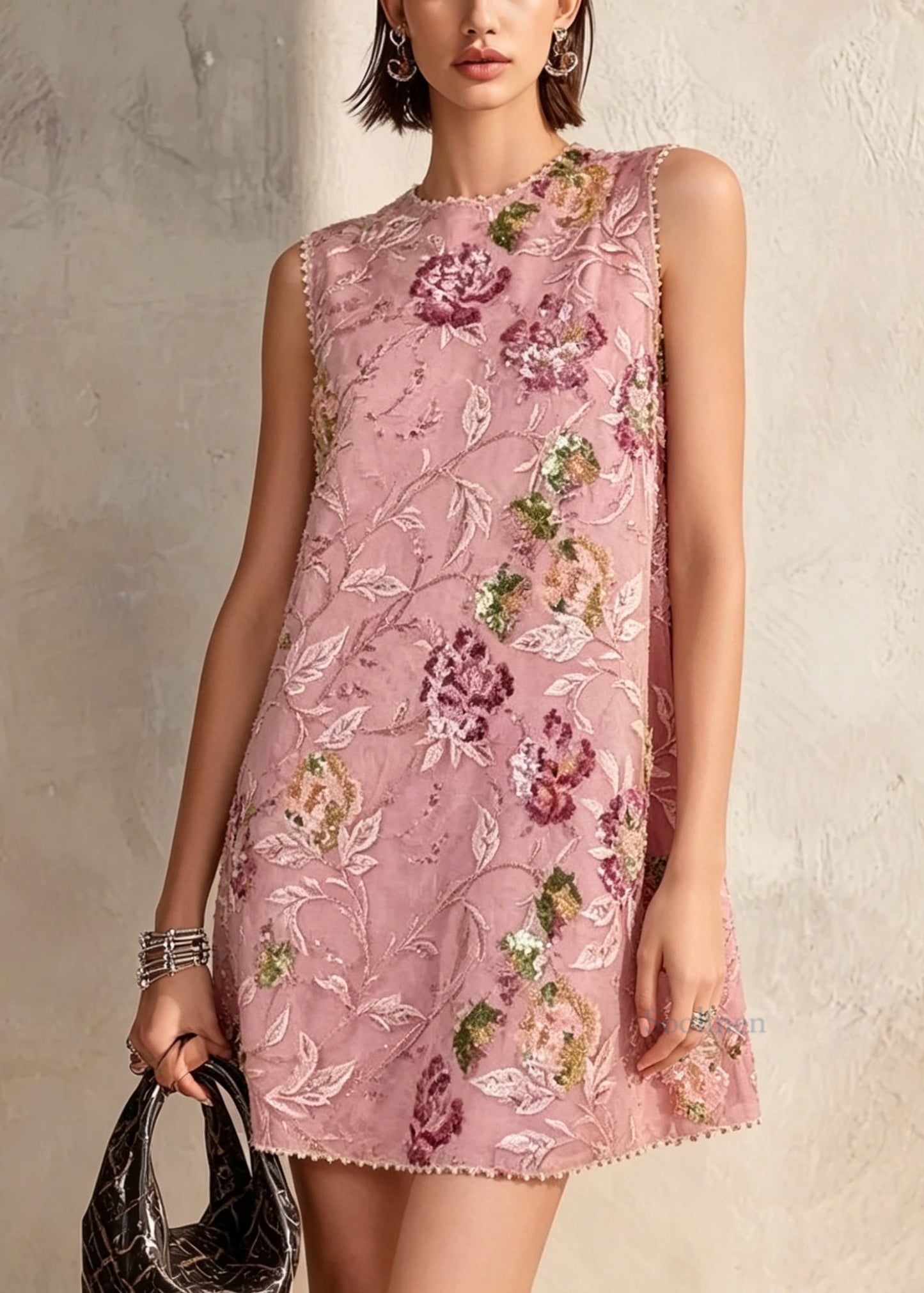 Boutique Pink O-Neck Embroidered Sequins Mid Dress Sleeveless