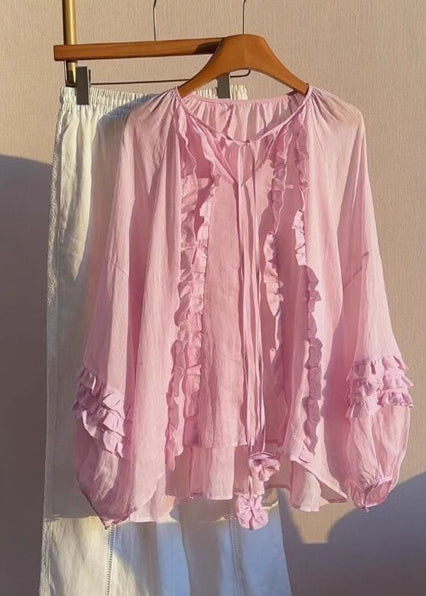 Boutique Pink Oversized Ruffled Cotton Shirts Fall