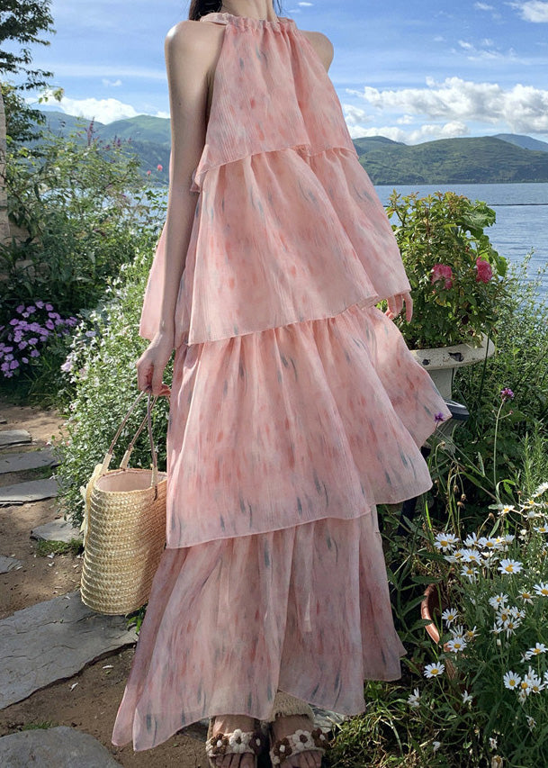Boutique Rosa Print Lagen Falten Patchwork Chiffon Kleid Ärmellos