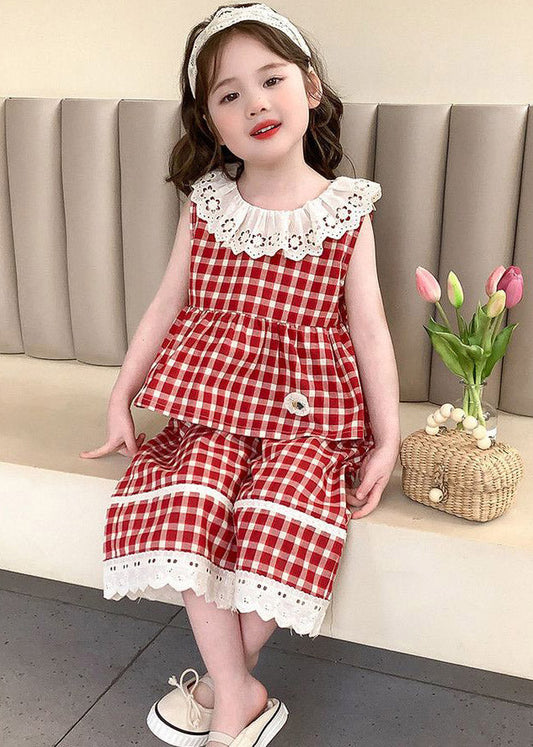 Boutique Pink Ruffled Print Kids Top And Wide Leg Pants Two Piece Set Sleeveless