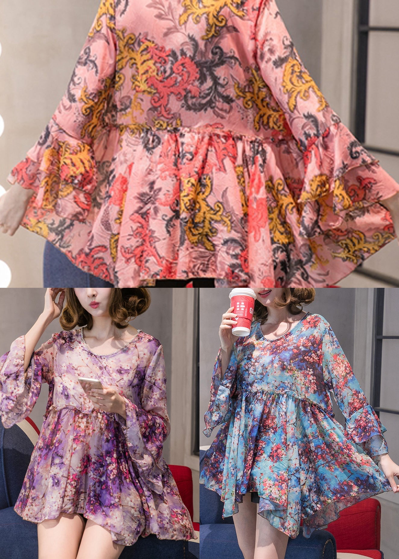 Boutique Purple O-Neck Chiffon Tops Half Sleeve