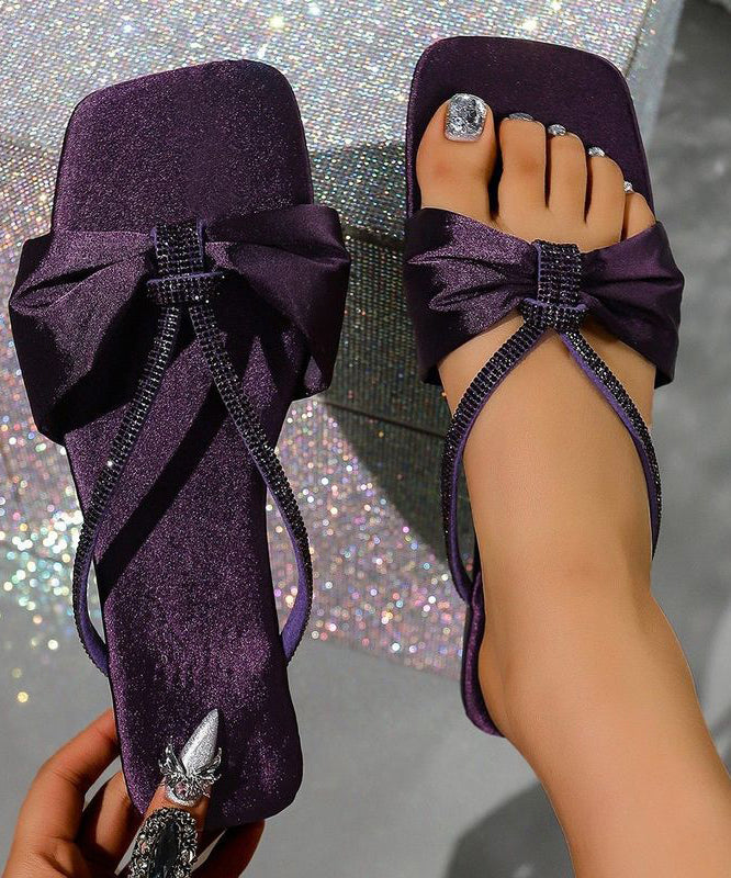 Boutique Purple Satin Splicing Slide Sandals Bow Zircon