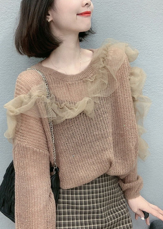 Boutique Lila Tüll Rüschen Lose Herbst Strickpullover