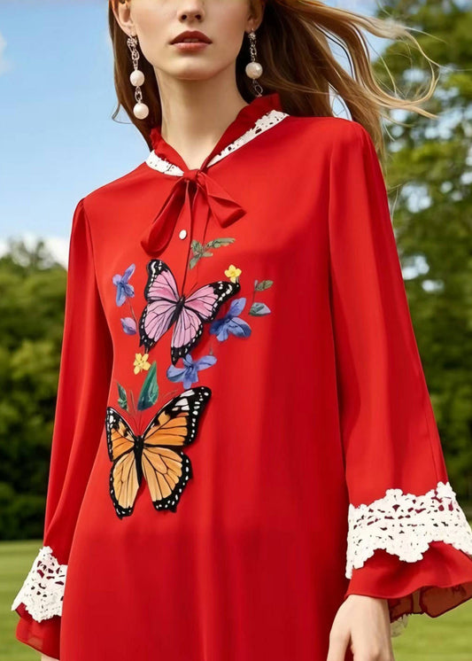 Boutique Red Butterfly Patchwork Lace Chiffon Work Dress Summer
