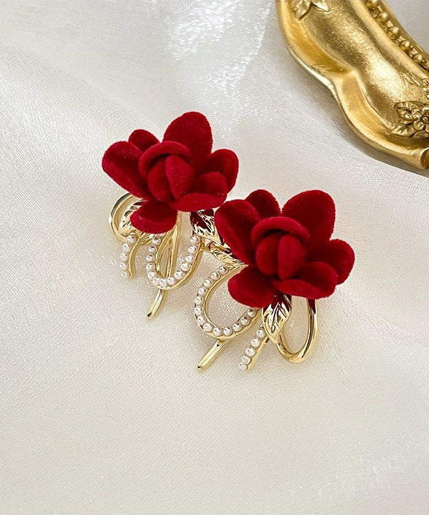 Pendientes boutique con diseño floral de mariposa y perla de cobre rojo
