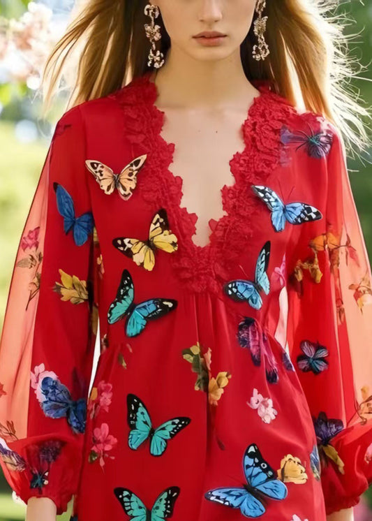 Boutique Red Patchwork Lace Work Dress Multicolour Butterfly Summer