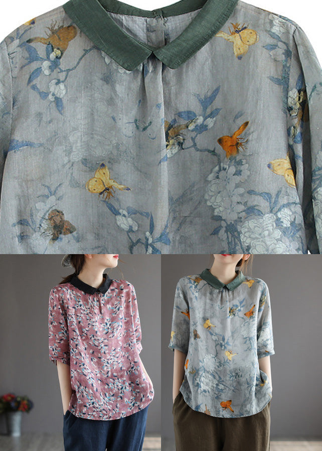 Camisas de lino con cuello Peter Pan rojo de boutique de verano