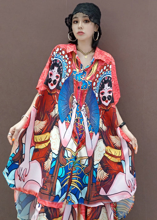 Boutique Rot Peter Pan Kragen Print Zweiteiliges Set Kurzarm