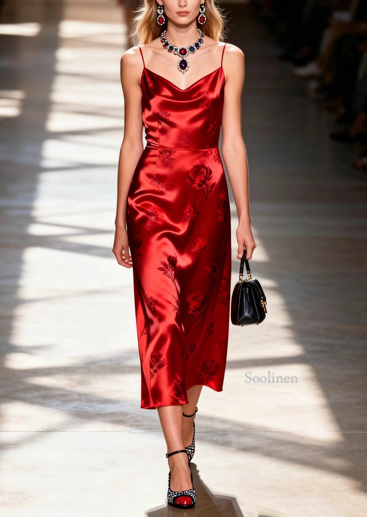 Boutique Red Print Silk Spaghetti Strap Dress Summer