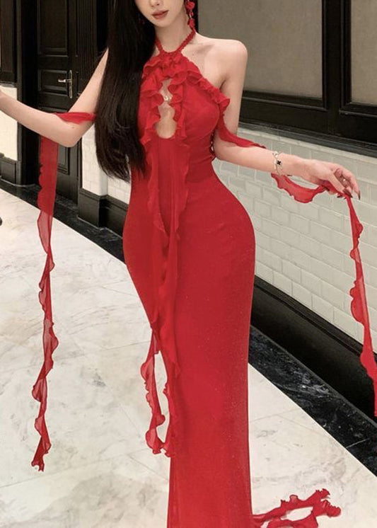 Boutique Red Ruffled Sexy Halter Backless Long Dress Summer
