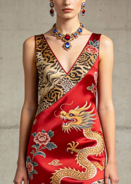 Boutique Red Tasseled Print Silk Robe Dresses Summer
