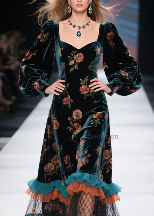 Vestido de terciopelo con patchwork y estampado de volantes de boutique para primavera