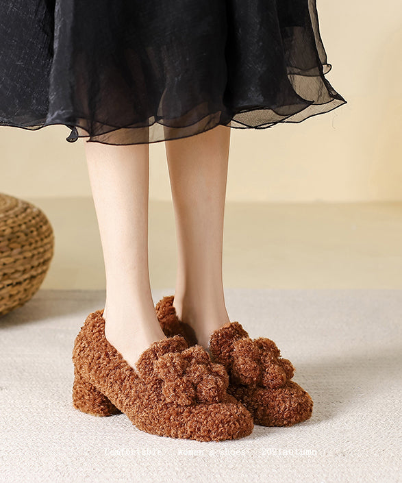 Boutique Splicing Chunky High Heels Brown Faux Fur