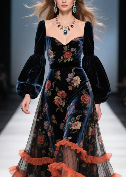 Vestido de terciopelo con patchwork y estampado de volantes de tul boutique para primavera