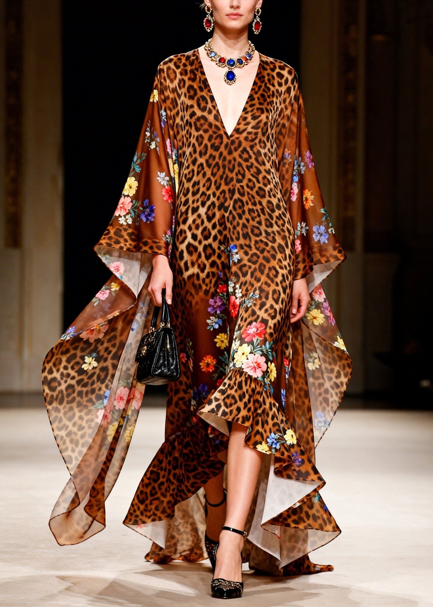 Boutique V Neck Leopard Print Ruffled Patchwork Chiffon Robe Dresses Summer