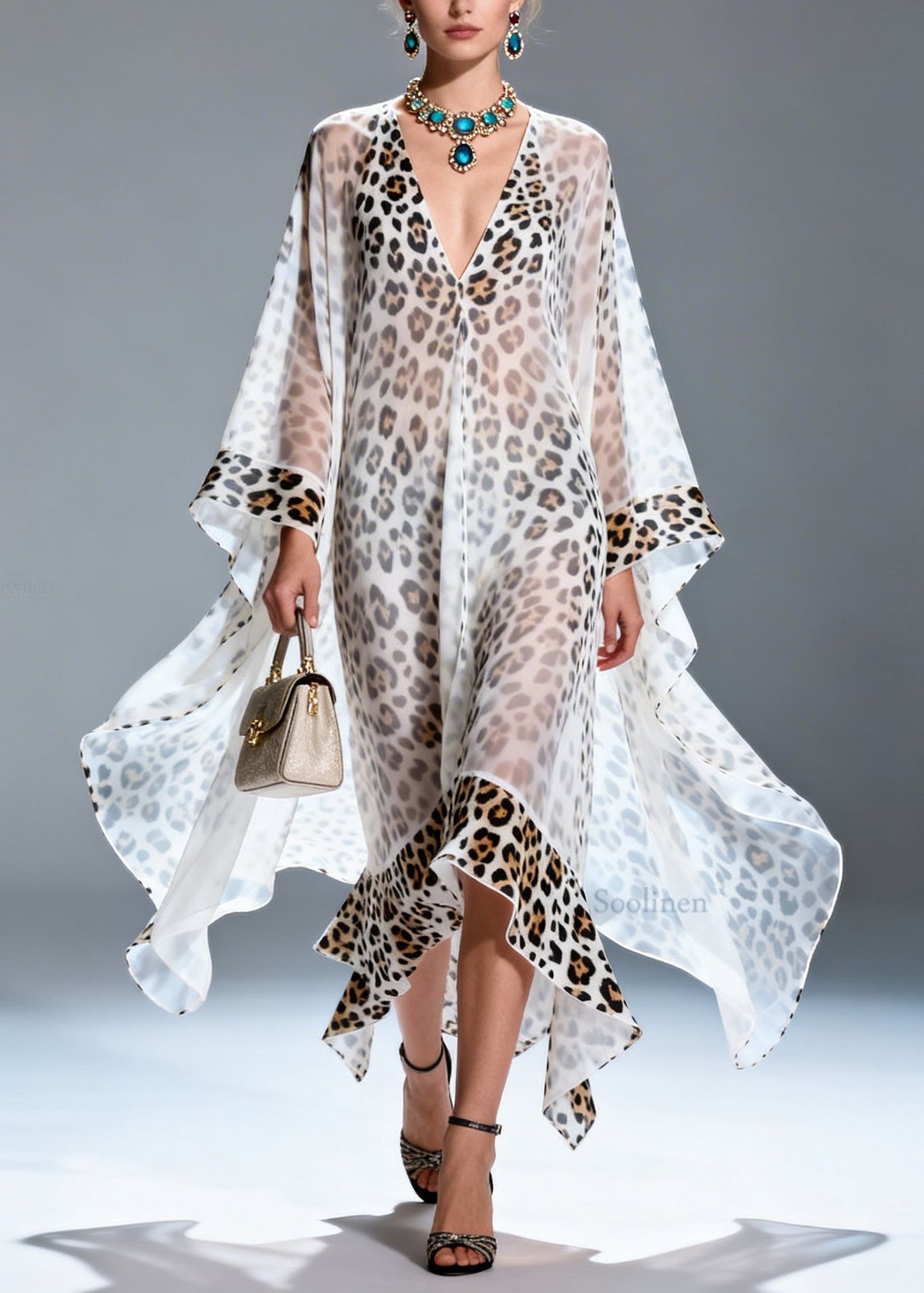Boutique V Neck Print Ruffled Chiffon Long Dresses Summer