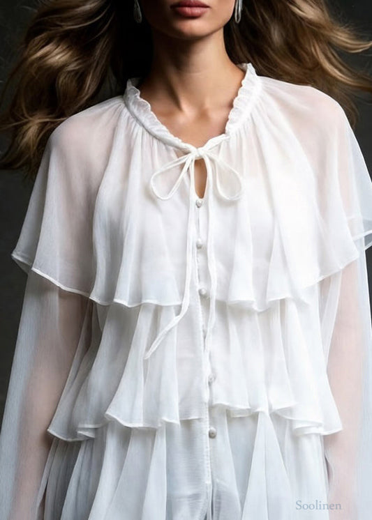 Boutique White Lace Up Ruffled Chiffon Shirt Spring