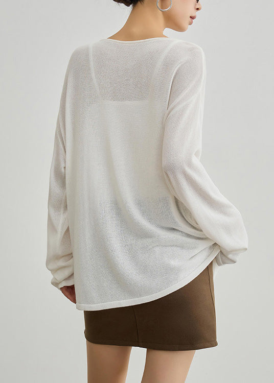 Boutique White O Neck Embroidered Knit Blouses Fall