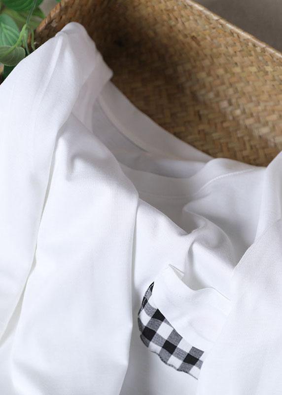 Boutique White Patchwork Plaid Pockets Cotton Shirt Tops Short Sleeve Summer - SooLinen
