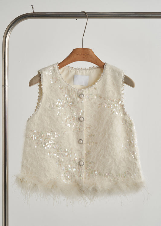 Boutique White Sequins Patchwork Feather Vests Fall