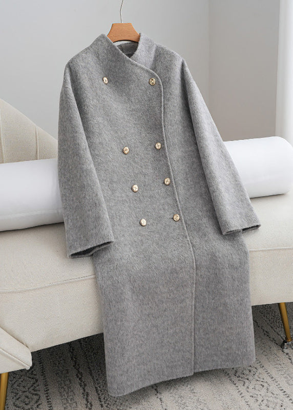 Boutique White Stand Collar Double Breast Woolen Trench Winter