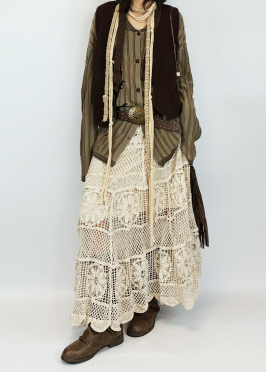 Boutique White Tasseled Hollow Out Knit Skirts Summer