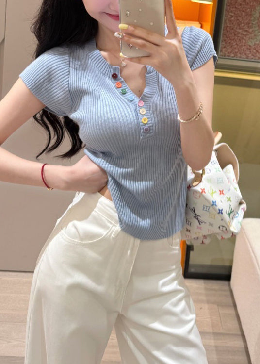 Boutique Yellow V Neck Button Knit Top Summer