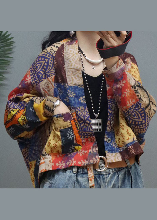 Boutique Gelber V-Ausschnitt Print Orientalischer Wintermantel