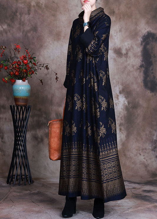 Boutique dunkelblaues Print-Urlaubskleid Frühling