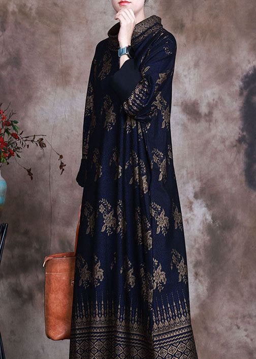 Boutique dunkelblaues Print-Urlaubskleid Frühling