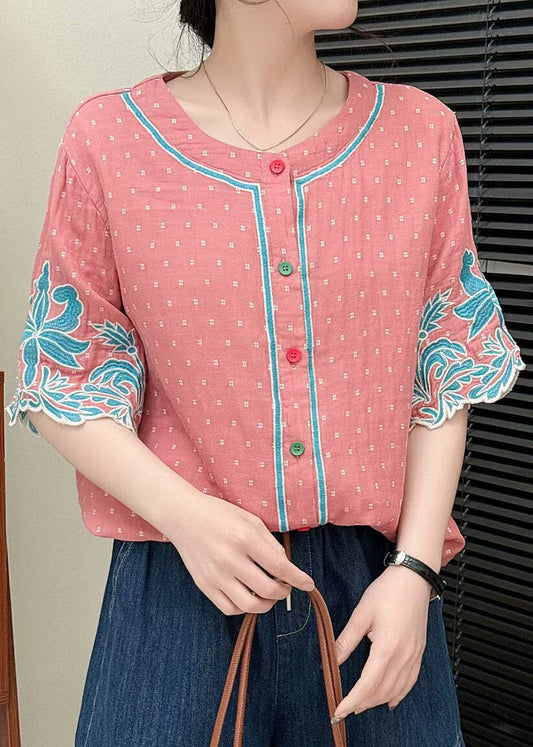 Brick Red Cotton Shirt Tops Embroidered Summer