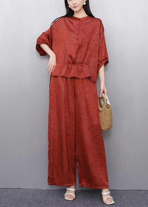 Brick Red Draping Silk Two Pieces Set Oversized Wrinkled Summer